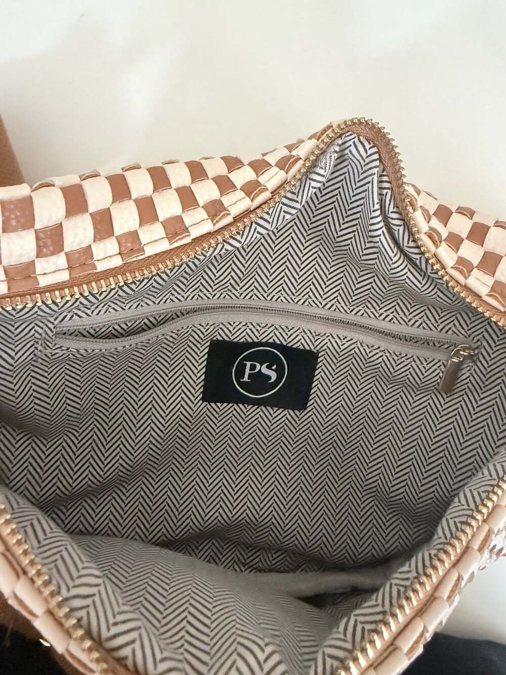 PS Checkered Woven Crossbody Bum Bag Brown and Cream - Picture 3 of 3